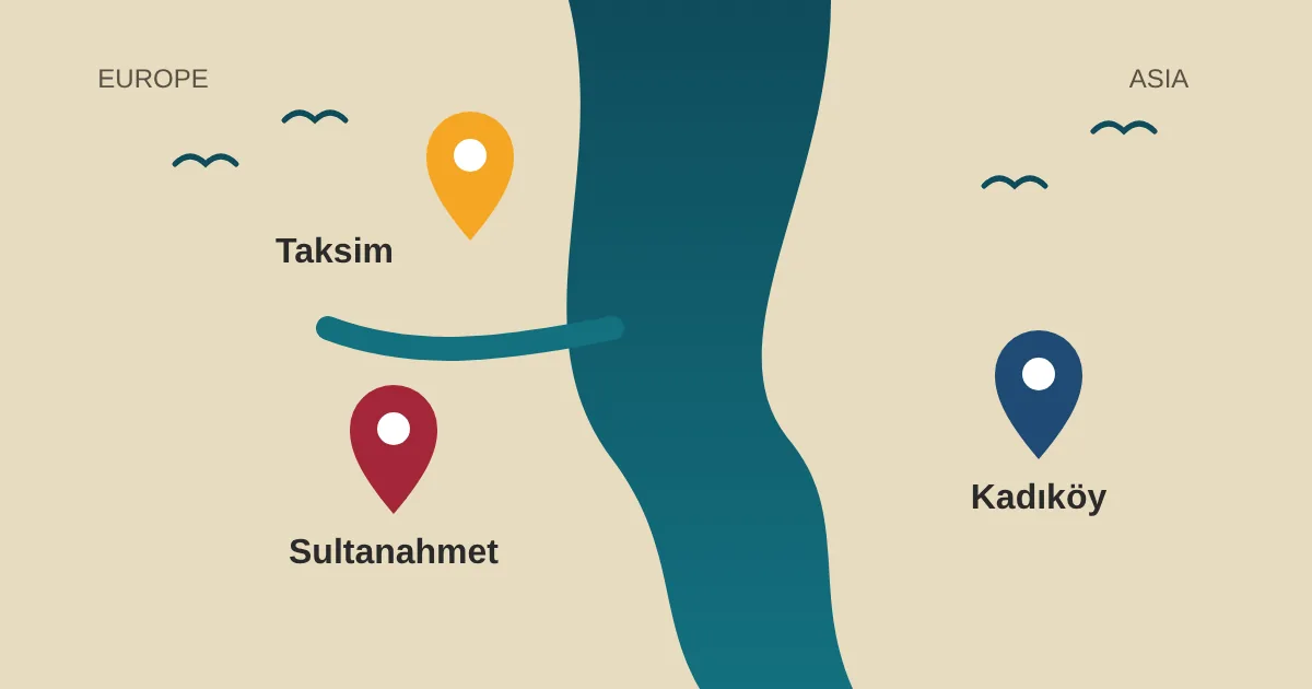 Map of the Bosphorus with pins on Sultanahmet, Taksim and Kadıköy