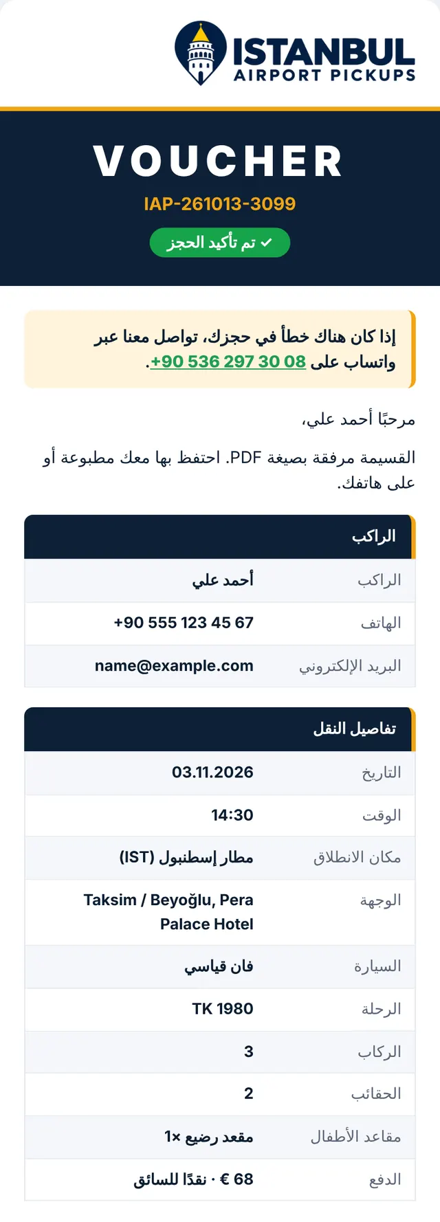 الرسالة 2: تأكيد الحجز مع القسيمة