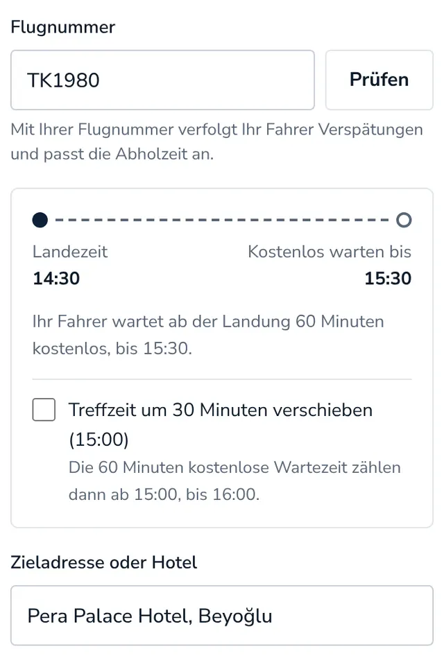 Flugnummer und Adresse angeben