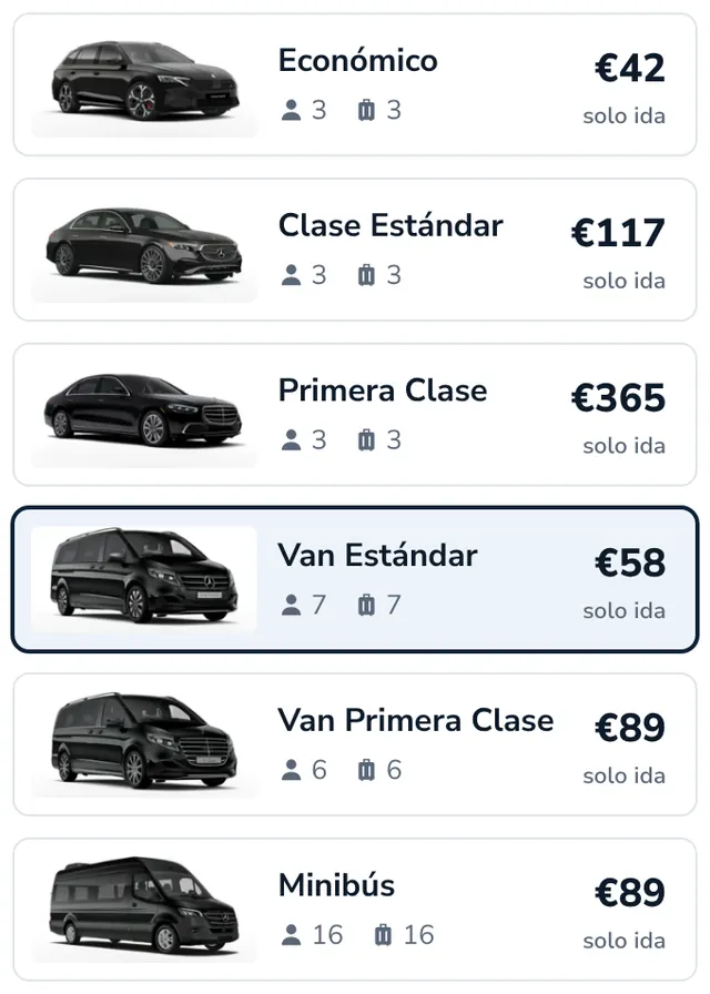 Elija su vehículo y vea el precio fijo
