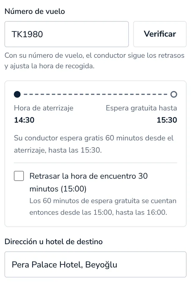 Añada su número de vuelo y dirección