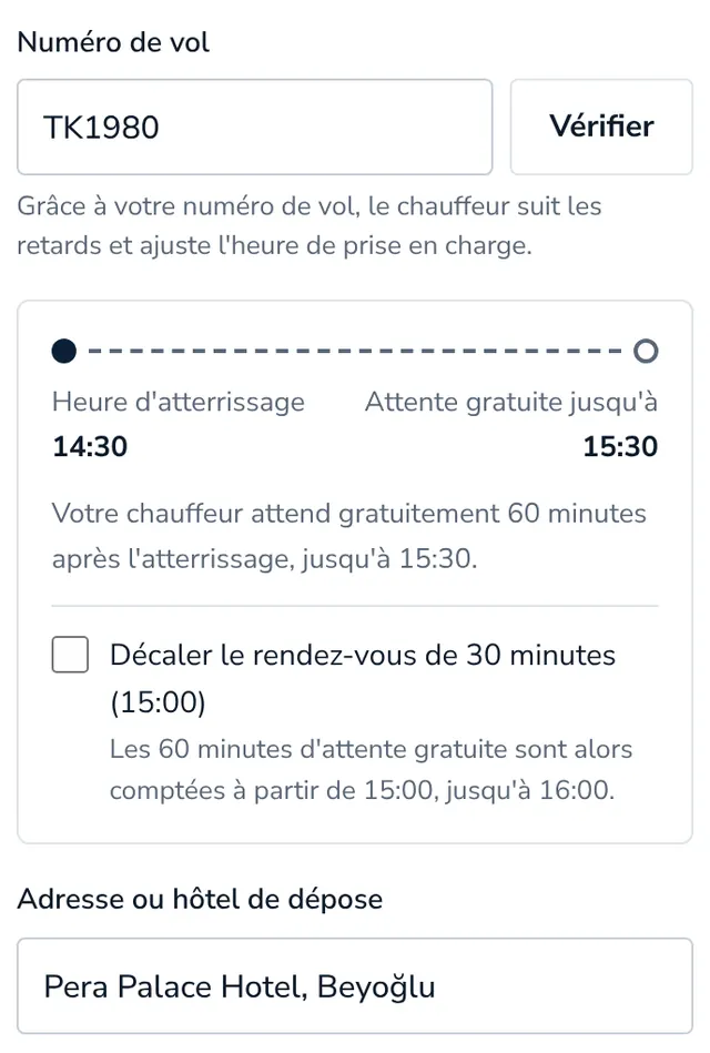 Ajoutez votre numéro de vol et votre adresse