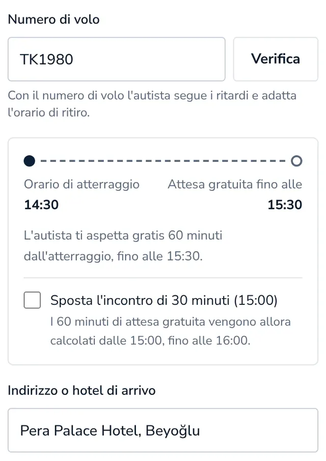 Aggiungi numero di volo e indirizzo