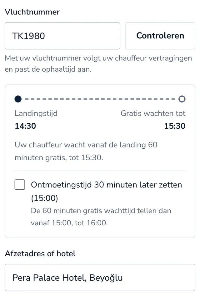 Vul uw vluchtnummer en adres in