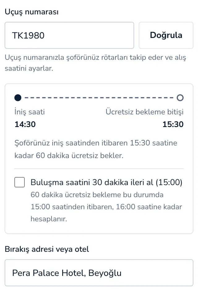Uçuş numaranızı ve adresinizi ekleyin