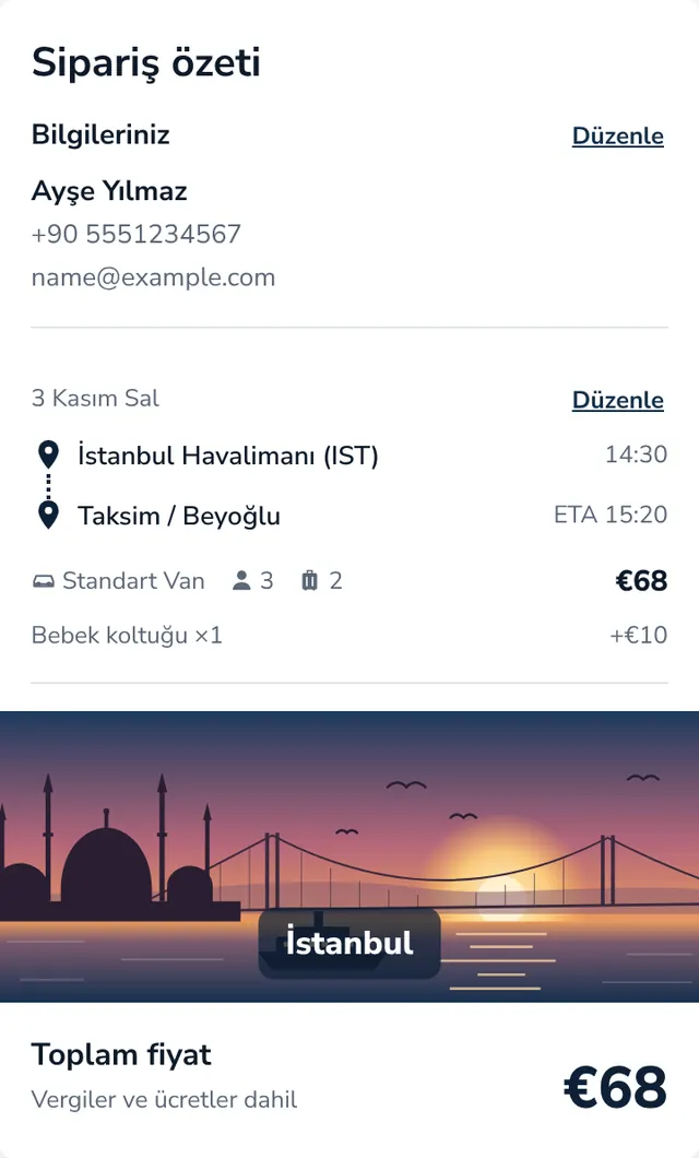 Özeti kontrol edin, rezervasyonu gönderin